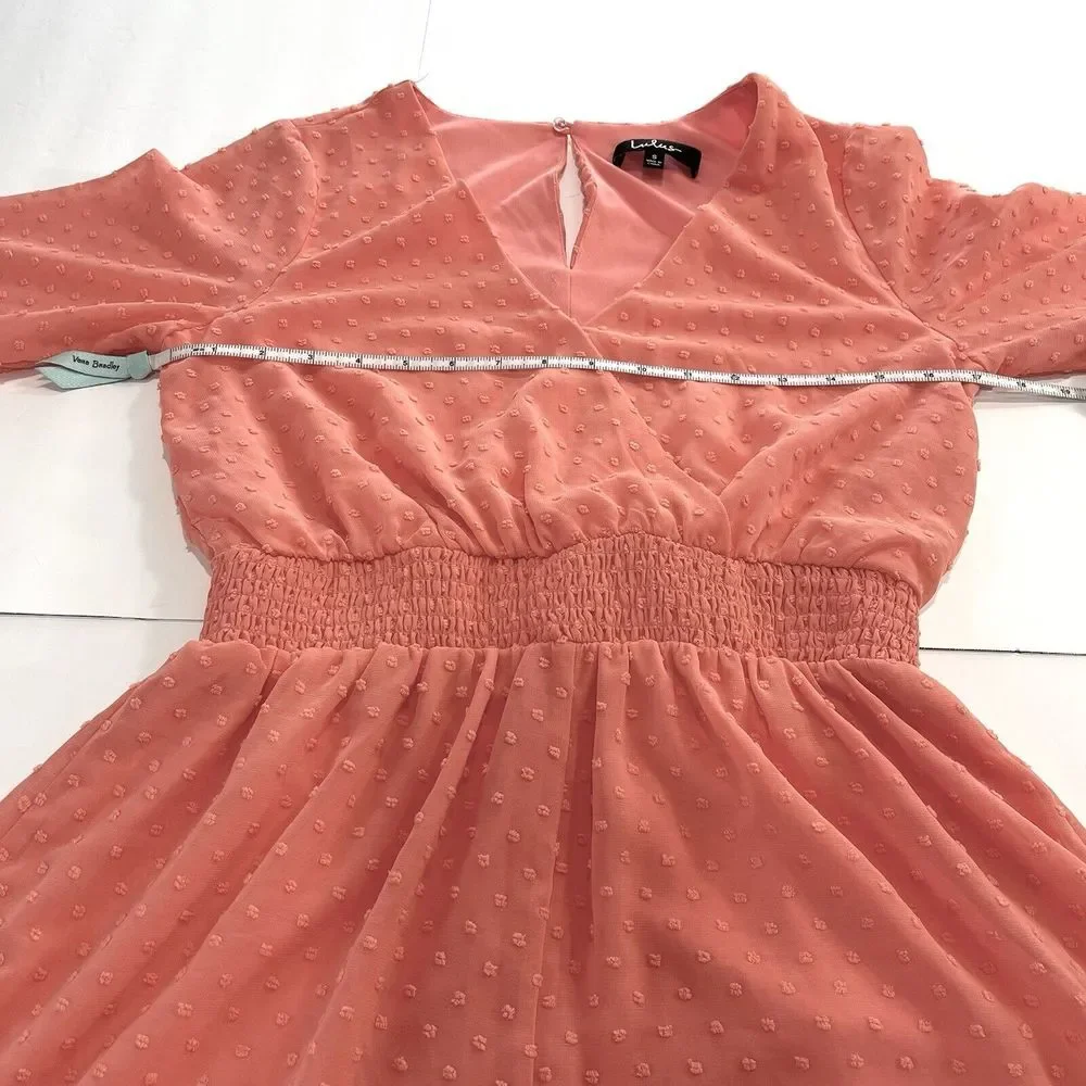 NWT Lulus Meadowlake Coral Orange Swiss Dot Lace Bell‎ Sleeve Romper Size SMALL